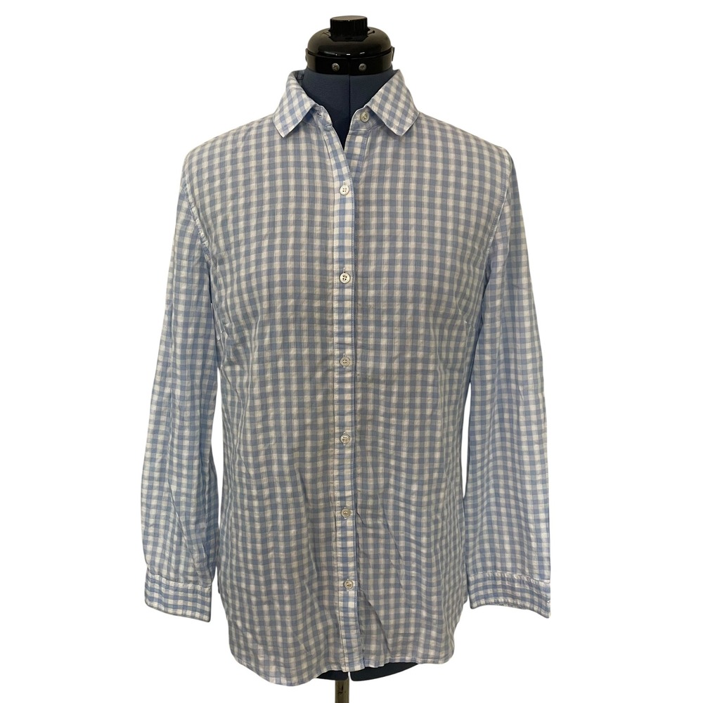 J.McLaughlin Womens Blue White Gingham Button Up Blouse Preppy Career Coastal S